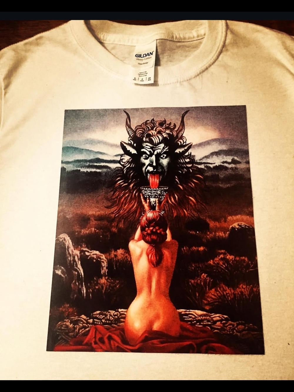 Gildan Cream Short-Sleeve Tee with Mythic Demon Graphic